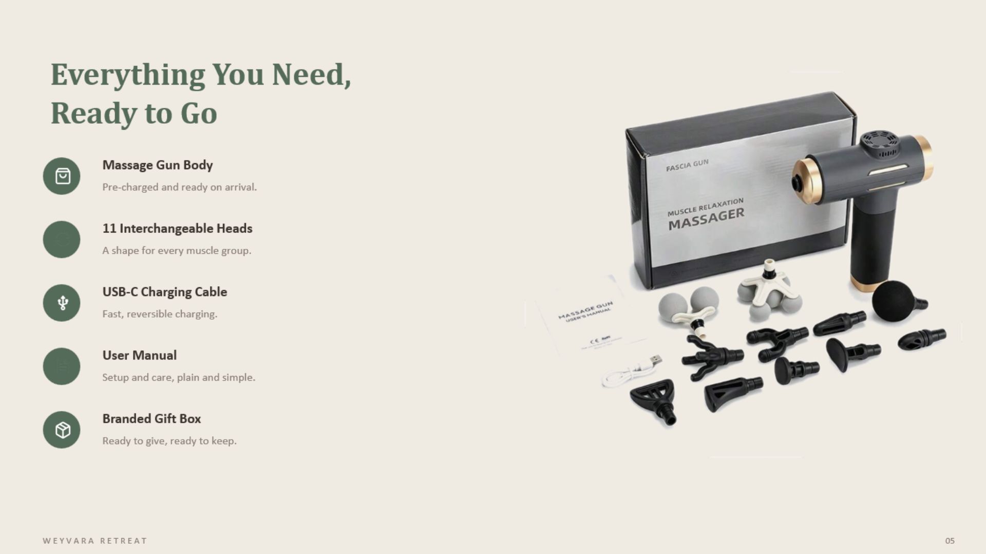 Massage gun, eleven heads, charging cable, manual, and gift box