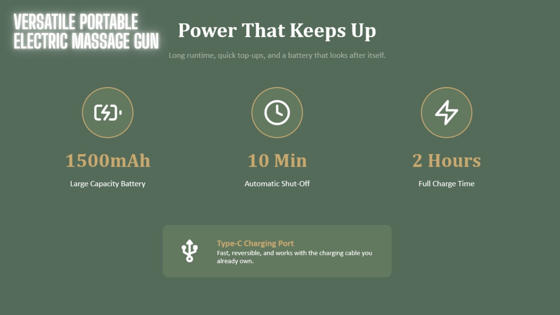 Massage gun battery, automatic shut-off, charge time, and USB-C details