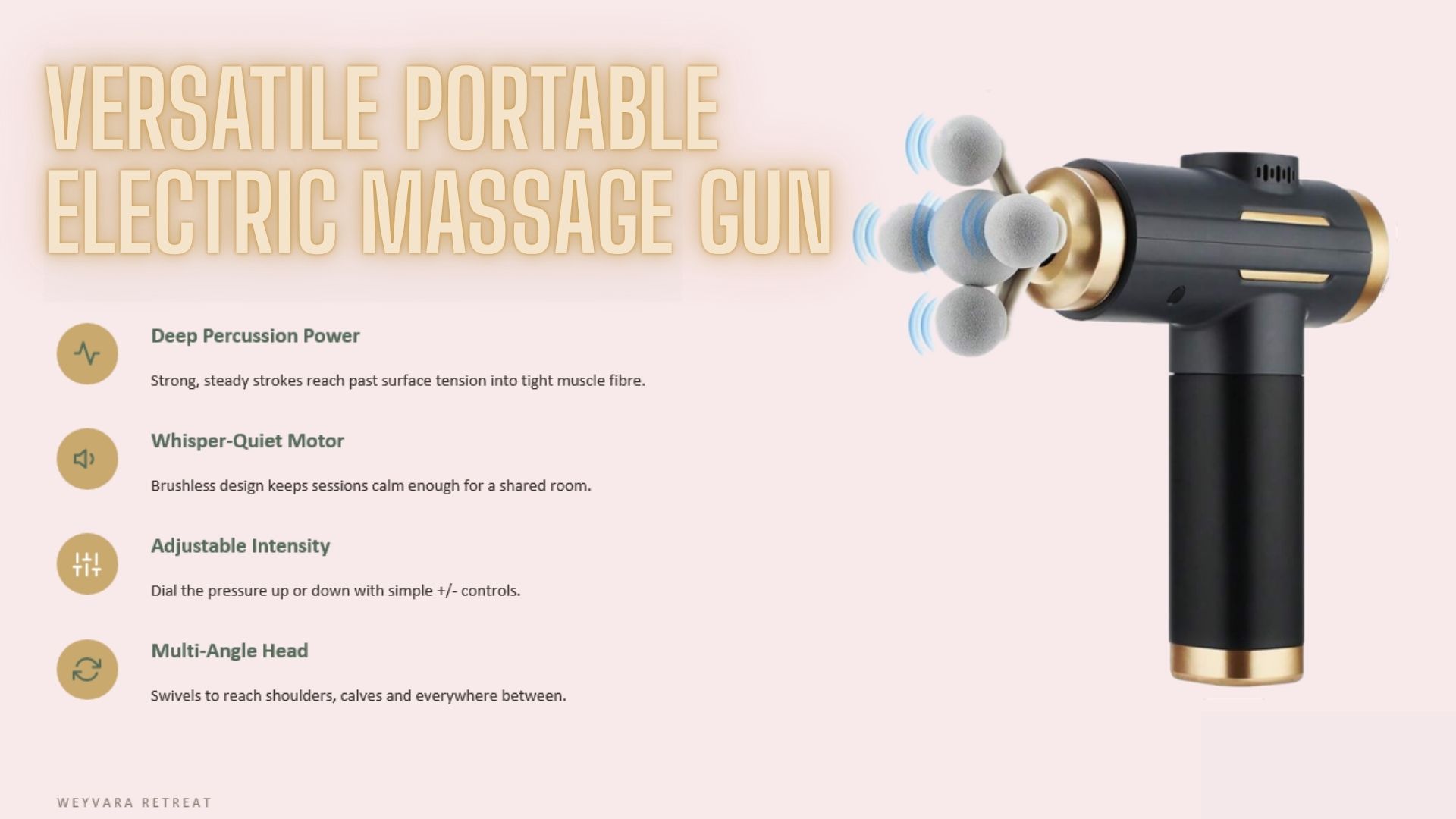 Versatile Portable Electric Massage Gun with deep percussion, quiet motor, adjustable intensity and multi-angle head